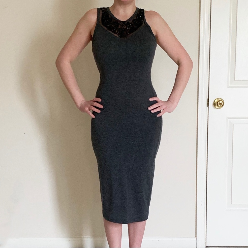 Heather Gray Jersey Dress w/ Jewel Accent Neckline